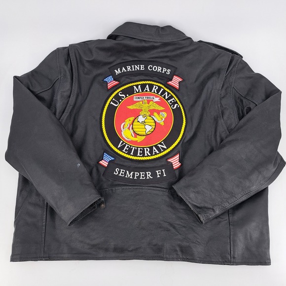 US Marines Dream Apparel Mens Size 62 Black Leather Motorcycle Jacket USMC